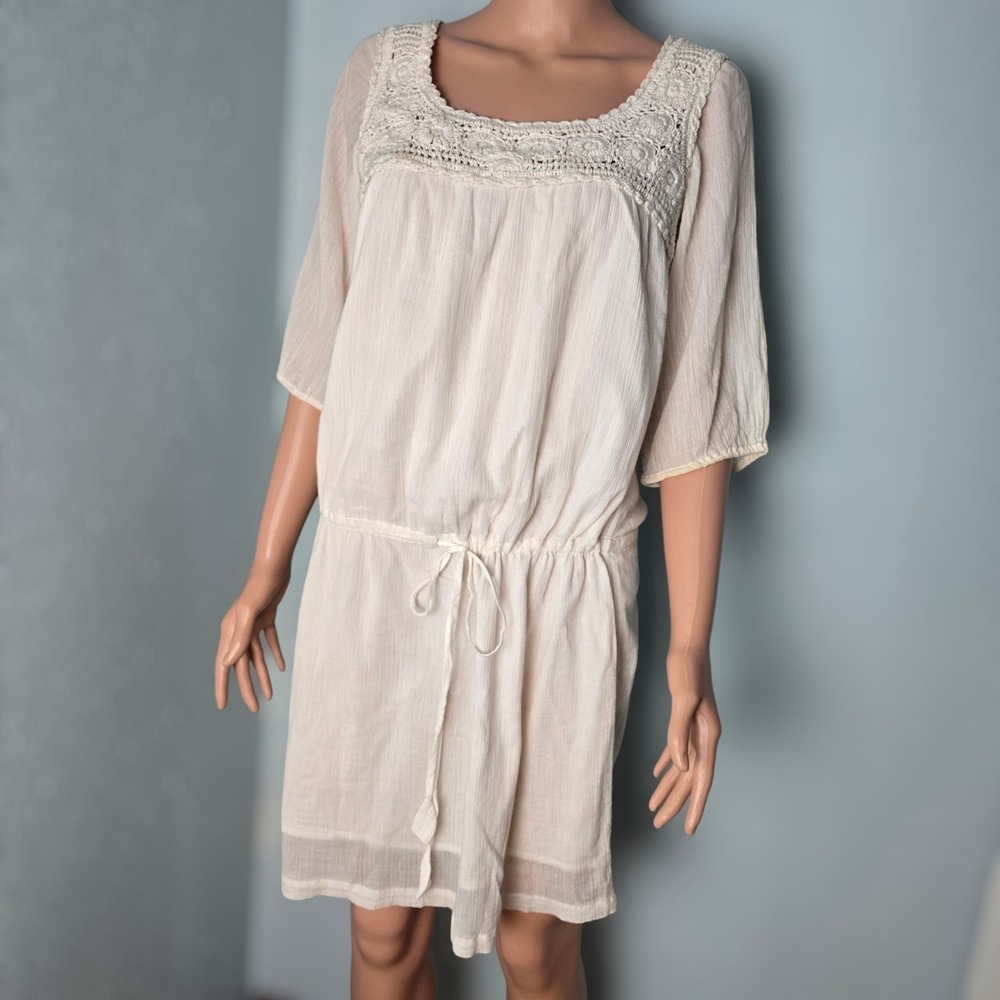 Lucky Brand Ivory Cotton Gauze Crochet Lace Boho Mini‎ Dress S